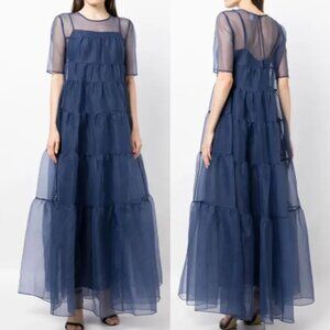 Staud Hyacinth Short-Sleeve Tiered Crinkled Sheer Organza Maxi Dress Navy sz M